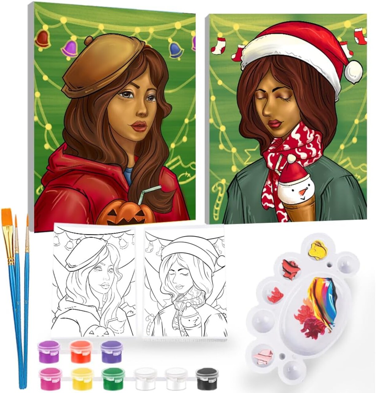 2Pcs Paint and Sip Kit for Adults,Pre Drawn Canvas(Christmas Girls)0.01 x 0.01 x 0.01 inches